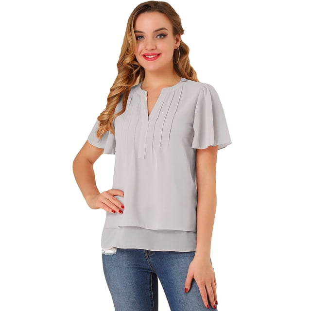 Top de gasa Allegra K con mangas de mariposa blusa informal holgada gris claro M