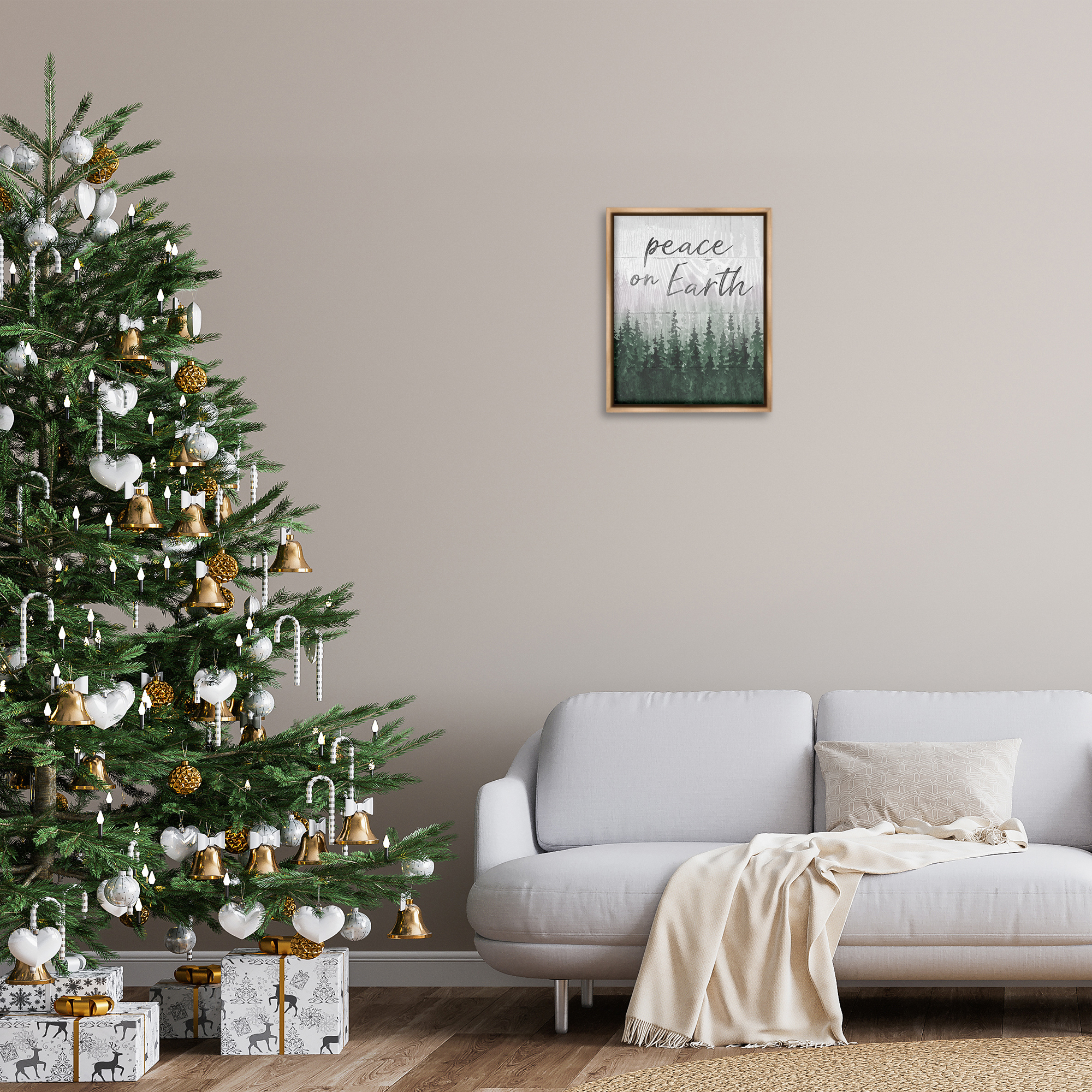 Stupell Industries Rustic Peace on Earth Holiday Painting Brown Floater Framed Canvas Art Prints Wall Art, 17 x 21