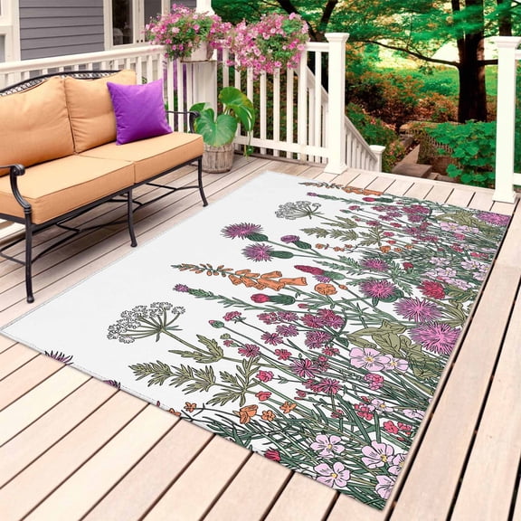 Colorful Flowers Outdoor Rug for Patio/Deck/Porch, Non-Slip Large Area Rug 5 x 8 Ft, Watercolor Wildflowers Botanical Floral Indoor Outdoor Rugs Washable Area Rugs, Camping Rug Carpet Runner