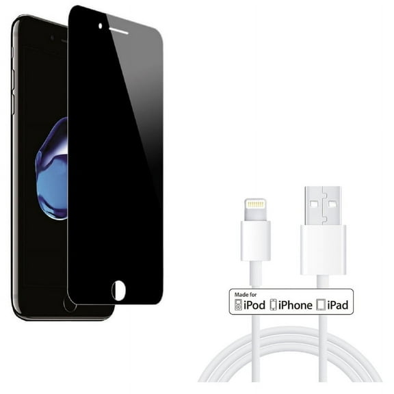 iPhone 8/7/6S/6 - Tempered Glass Privacy Screen Protector w 3ft MFi USB Cable - Curved Anti-Spy Anti-Peep 3D Edge Case Friendly, Certified Charger Cord Power Wire Fast Charge for iPhone 8/7/6S/6