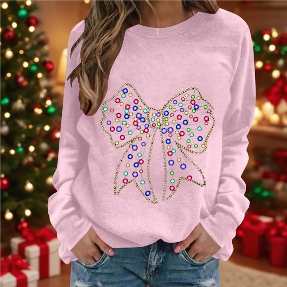 HongQid Christmas Shirts for Women: Merry Christmas Graphic Print T-Shirts Xmas Tree Graphic Long Sleeve Tops