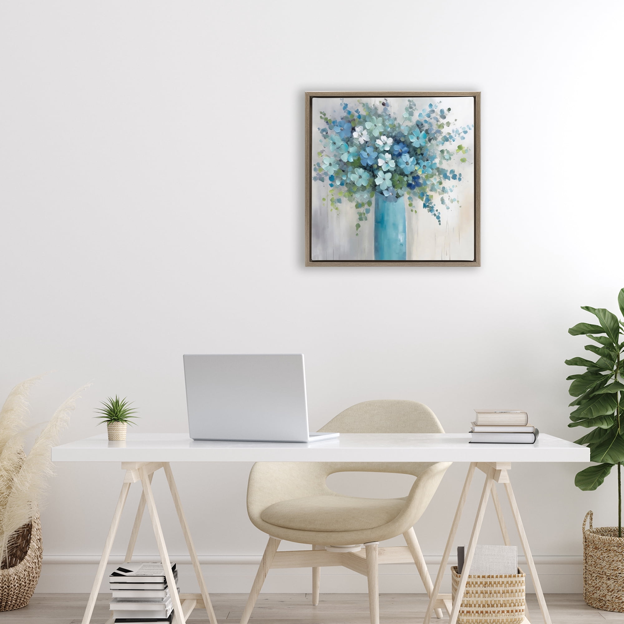 Stupell Industries Indigo Bouquet in Blue Vase Brown Framed Floater Canvas Wall Art, design by Creative Studio