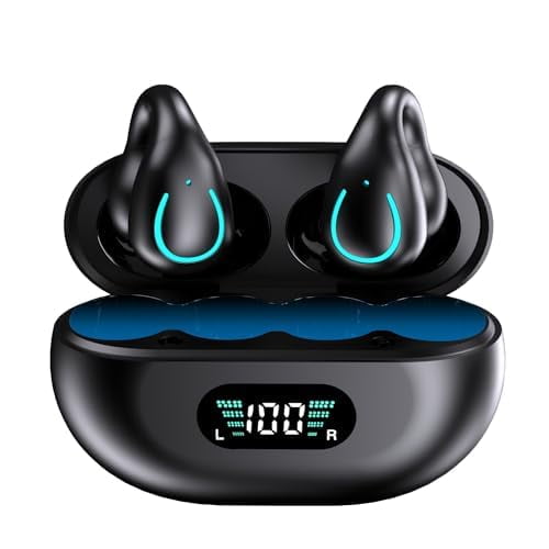 Open-Ear Wireless Headphones Bluetooth Clip On Mini Earbuds with Charging Case Bone Conduction Technology for Workout Driving Walking Black