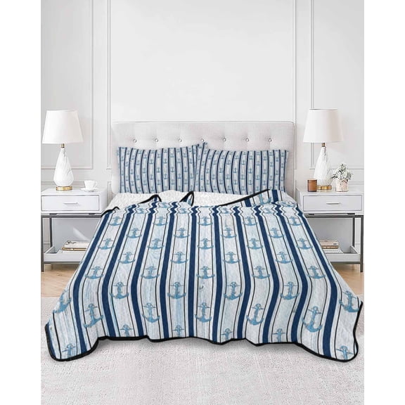 Quilts Full Size, Navy Blue Anchor Nautical Soft Comforter Bedding Set for Bed, Blue Coastal Ocean Lightweight Quilted Bedspread with Pillow Cover(2 Pieces) for All Season, 78x90 Inch