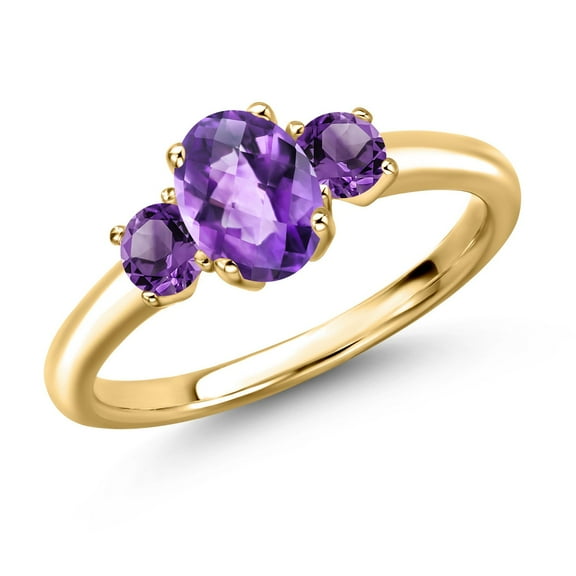 Gem Stone King 18K Yellow Gold Plated Silver Purple Amethyst Engagement Ring for Women | 1.07 Cttw | Oval Checkerboard 7X5MM | Gemstone February Birthstone | Size 5