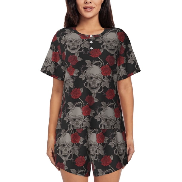 Balery Skull and Red Roses Conjunto de Pijama para Mujer con Estampado, Dos Piezas de Manga Corta y Shorts, Ropa de Dormir Suave con Cuello Redondo y Bolsillos-Medium