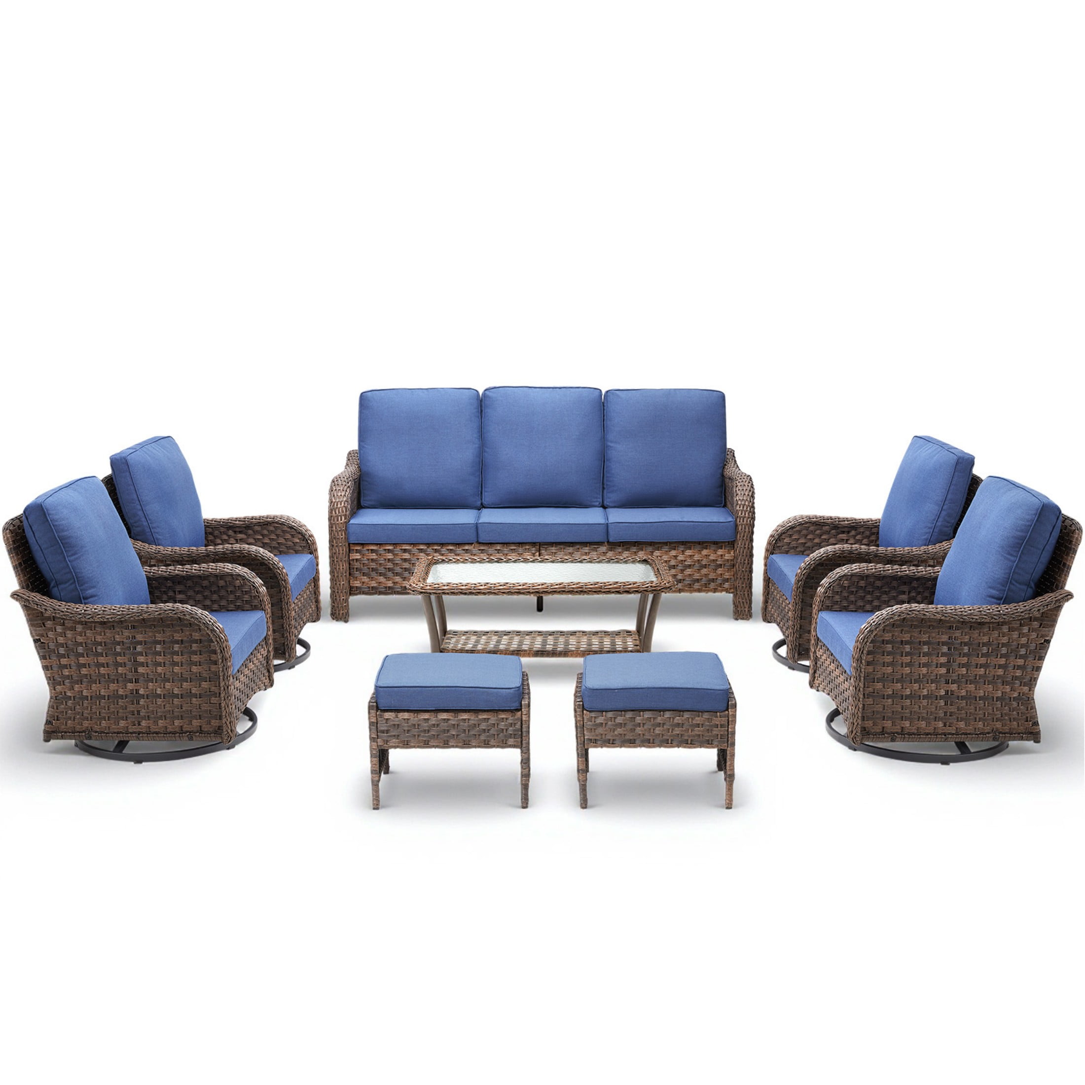 Unnifurnzi Outdoor Furniture-8 Pieces All Weather Wicker Patio Furniture Outdoor Swivel Chairs with Outdoor Sofa Outdoor Patio Furniture Set for Porch Balcony Deck-Brown/Blue