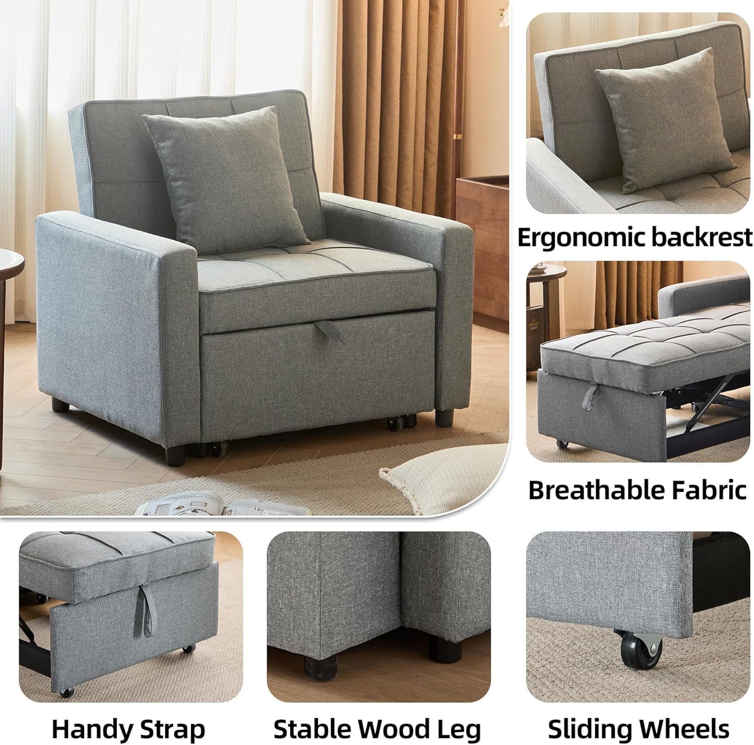 Gewnee 3-In-1 Folding Sofa Bed Chair, Convertible Sofa Bed and Office Chair, Adjustable Backrest Leisure Chair With Wheels & Handles, Fit For Small Spaces, Light Gray