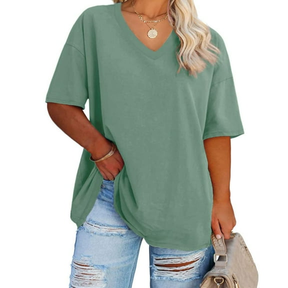 Ptaesos Women's Plus Size V Neck T Shirts Summer Half Sleeve Oversized Tees Casual Loose Fit Tunic Tops