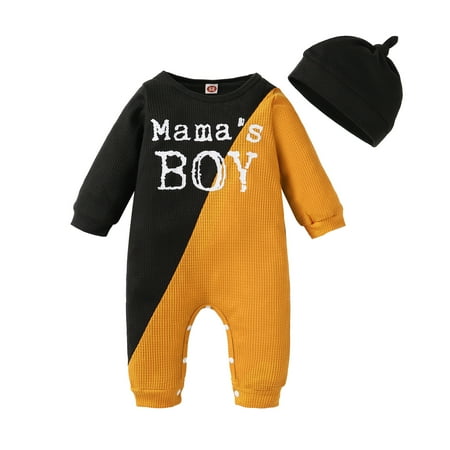 

Mikrdoo Baby Boys Clothes MAMA S BOY Splice Winter Bodysuit With Hat 2Pcs Romper Set Yellow 18-24 Months