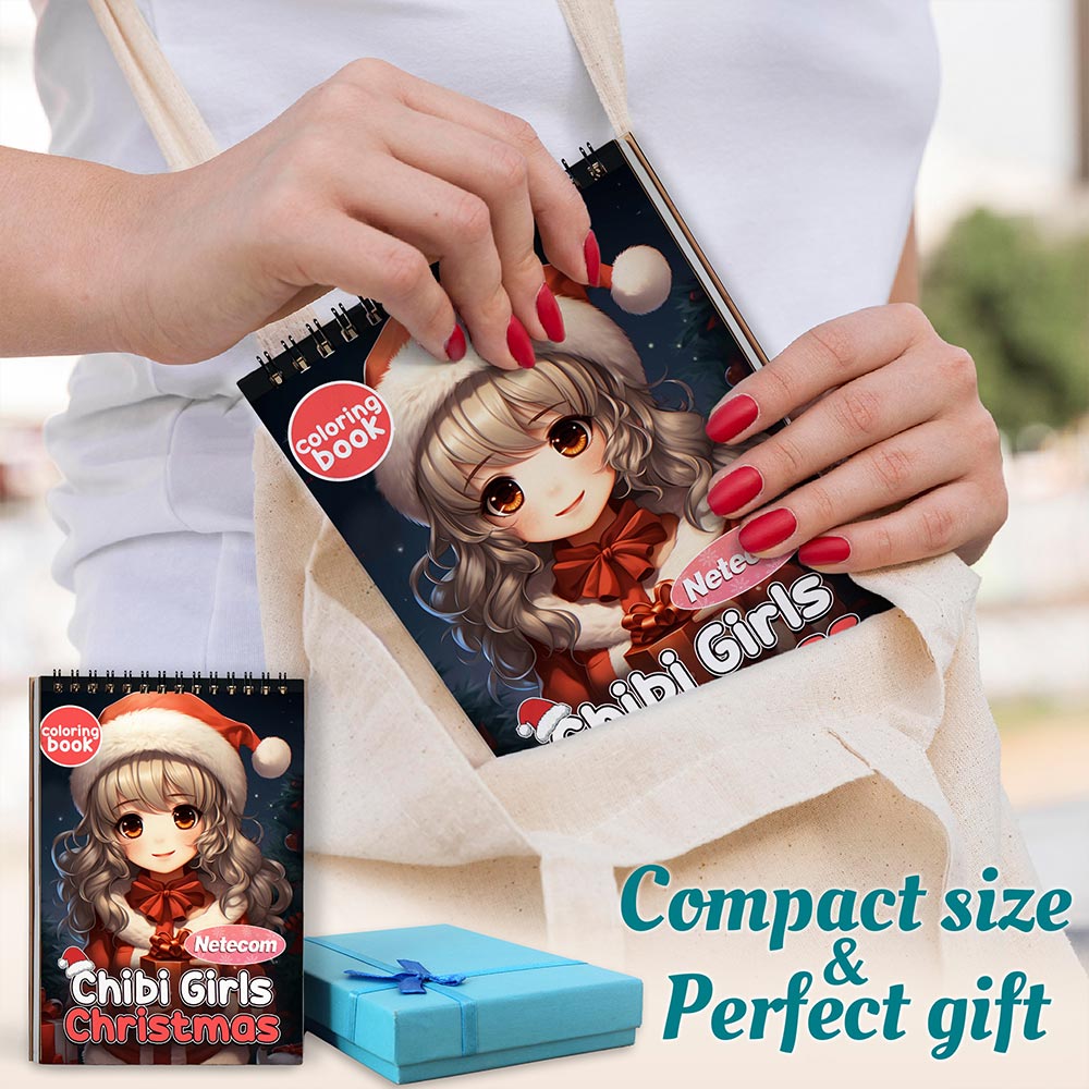 Netecom Chibi Girls Christmas Coloring Book Spiral Bound for Adults, A5 Wooden Cover, 30 Beautiful Coloring Pages of Kawaii Girls in Holiday Season for Stress Relief and Relaxation