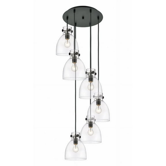Innovations Lighting  Newton Bell - 6 Light 8" Cord Hung Multi Pendant - 14" Canopy Clear/Matte Black