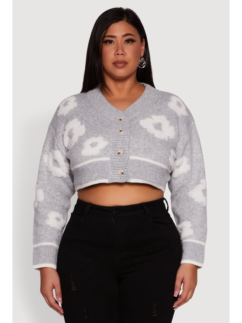 Womens Plus Size Flower Tufted Knit Cropped Cardigan - Walmart.com