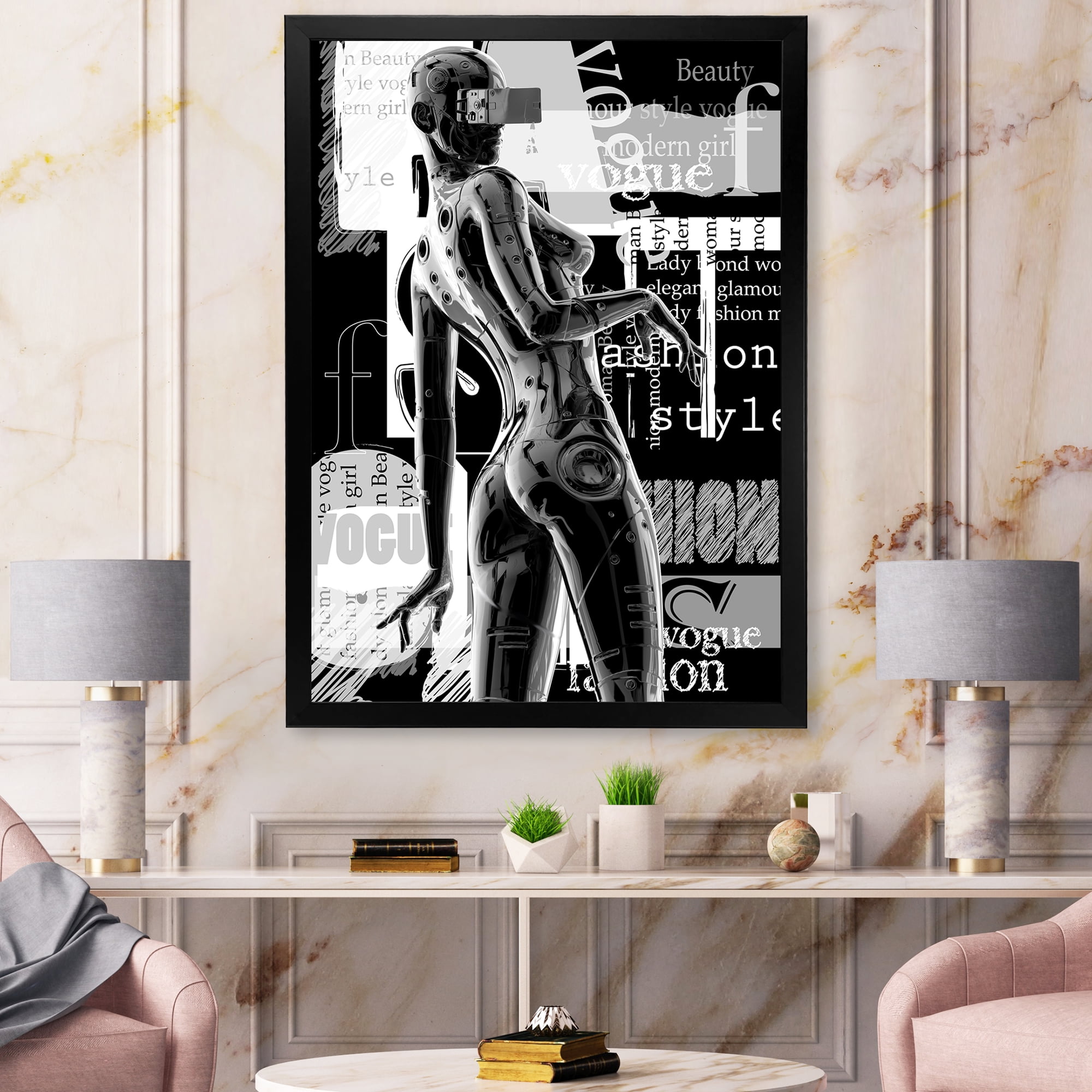 Designart 'Black and White Cyborg Body I' Modern Framed Art Print