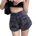 thumbnail image 2 of Neinkie Multi Pockets Button Fly A-Line Irregular Cutting Denim Shorts High-Waist Solid Color Cargo Hot Pants Streetwear, 2 of 9