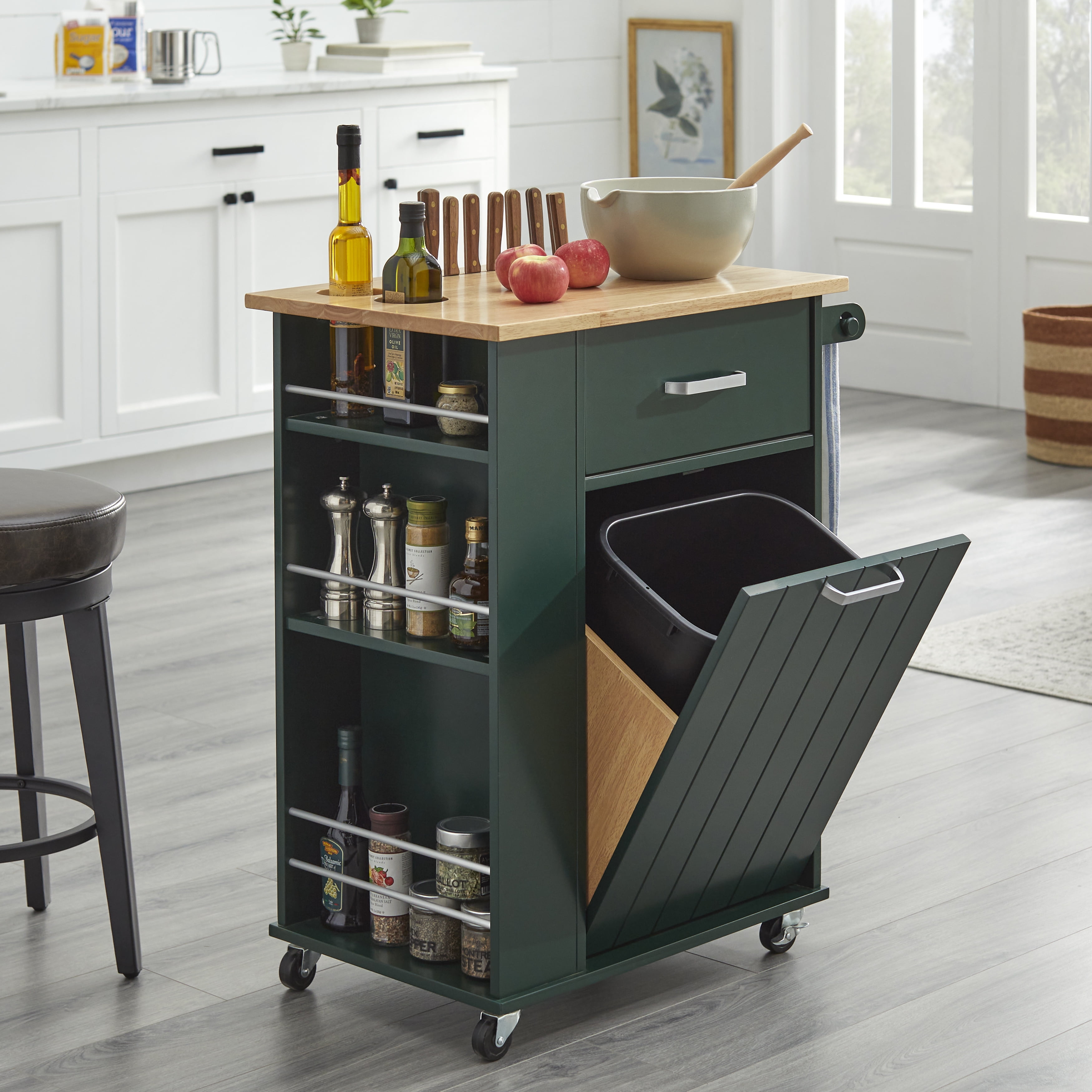 TMS Lima 3-Tier Rolling Kitchen Storage Cart with Spice Rack, Towel Bar, and Pull-Out Trash Bin Door, Dark Hunter Green