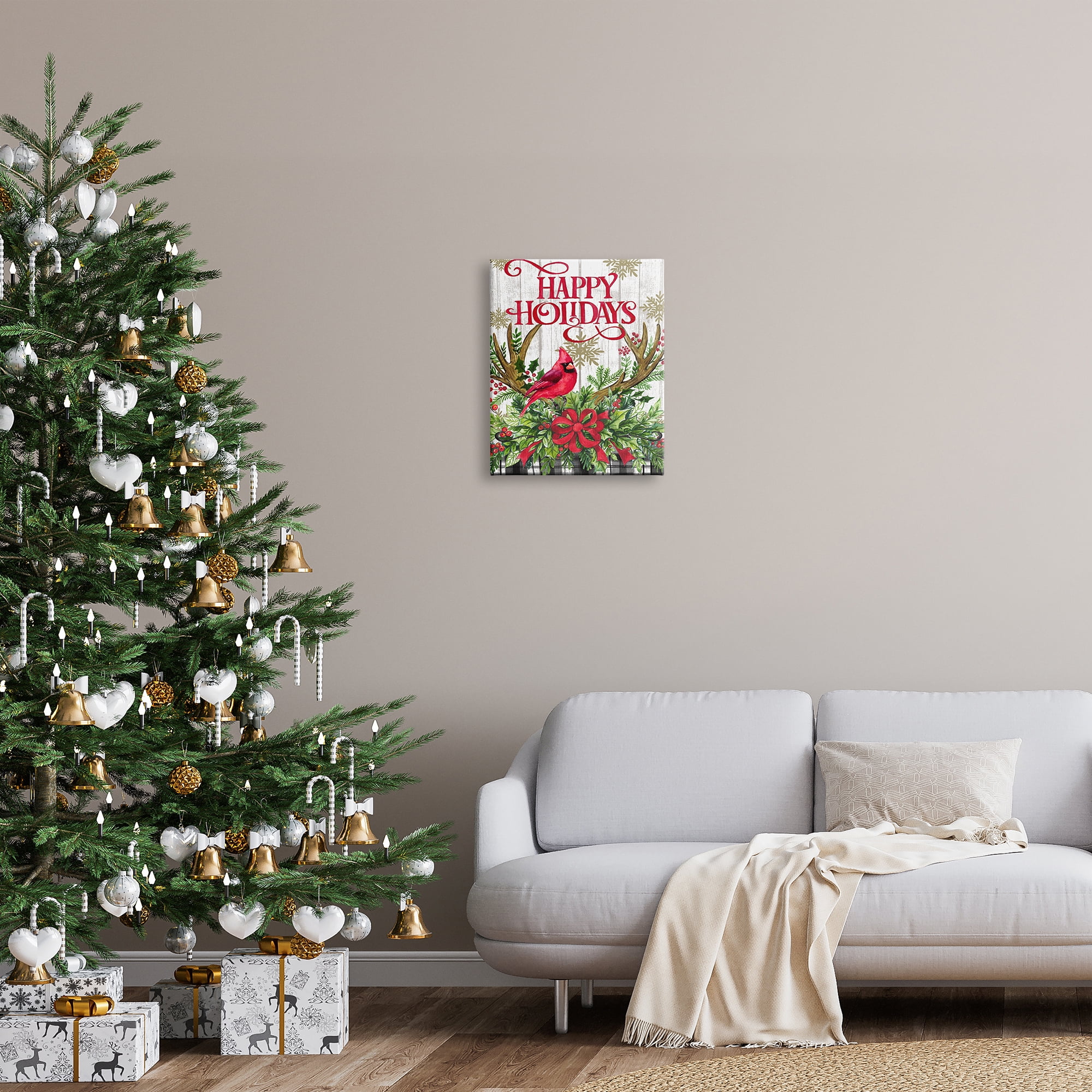 Stupell Industries Happy Holidays Cardinal Holiday Painting Gallery Wrapped Canvas Art Print Wall Art, 16 x 20