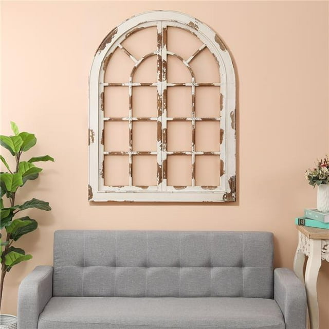 Luxen Home WHA958 Distressed Wood Arched Window Wall Decor, White