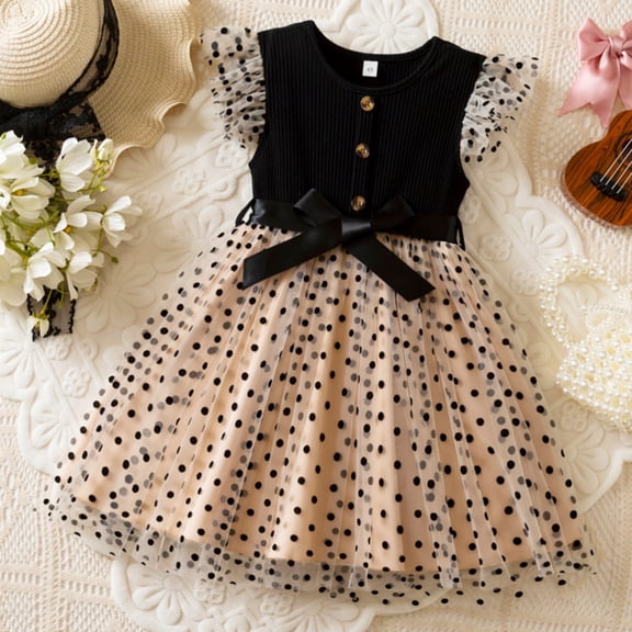 FRSASU Toddler Girl's Casual Ruffle Sleeveless Dress Polka Dots Button Bow Princess Layered Tulle Dress Black