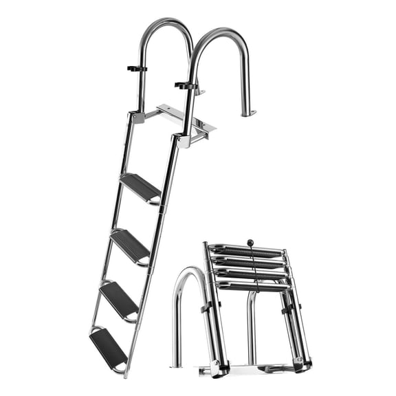 Stainless Steel Boat Ladder 4 Step, Telescoping Folding Swim Deck Ladder for Pontoon, Yacht, 600lbs Capacity, Wide Anti-Slip Steps, Marine Grade 304 Stainless Steel