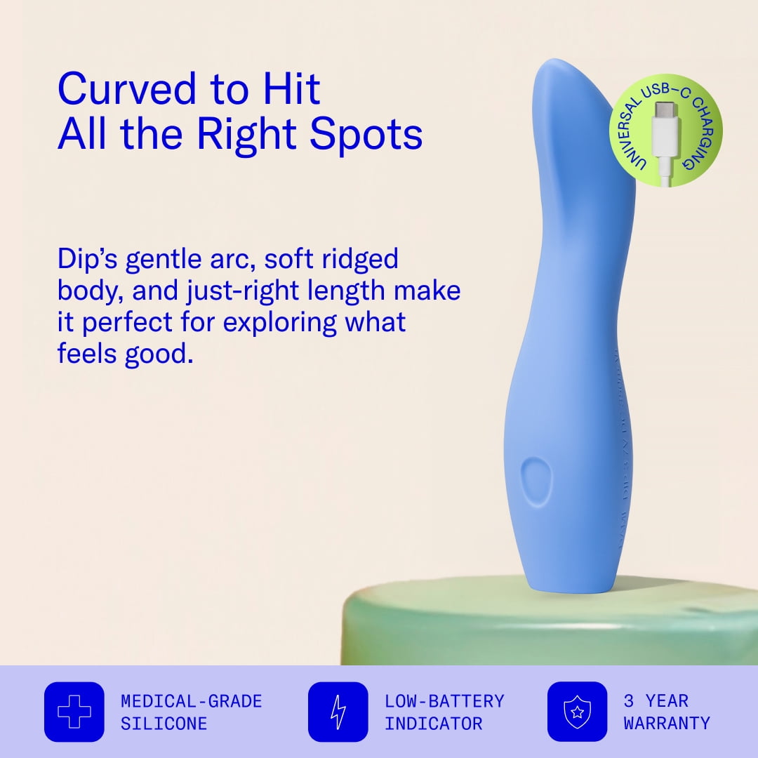 Dame Dip Internal and External Vibrator for Women — USB-C Rechargeable, 5 Speeds, Waterproof, Angled Ridged Design, Personal Massager, Soft Silicone, Ergonomic - Periwinkle