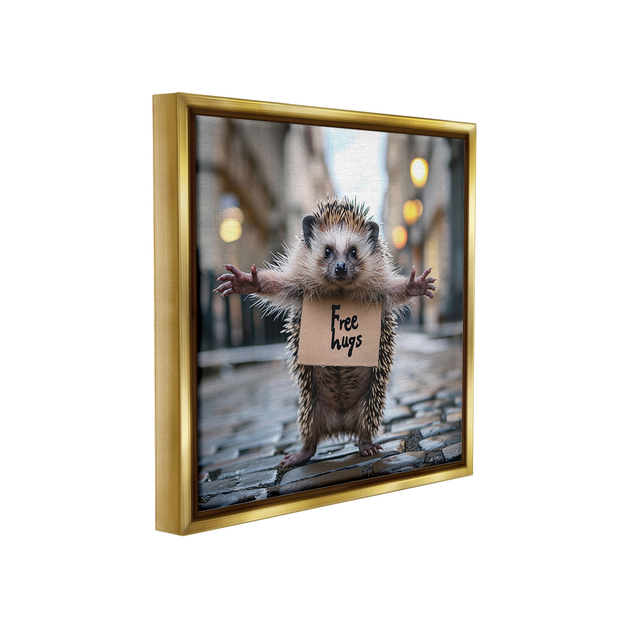 Stupell Industries Free Hugs Hedgehog Animals & Insects Painting Gold Floater Framed Canvas Art Print Wall Art, 25 x 25