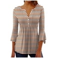 thumbnail image 2 of RXIRUCGD T-Shirt Décontracté à Rayures pour Femmes, Col en V, Manches Courtes, Ample, Café, Taille : L, 2 of 5
