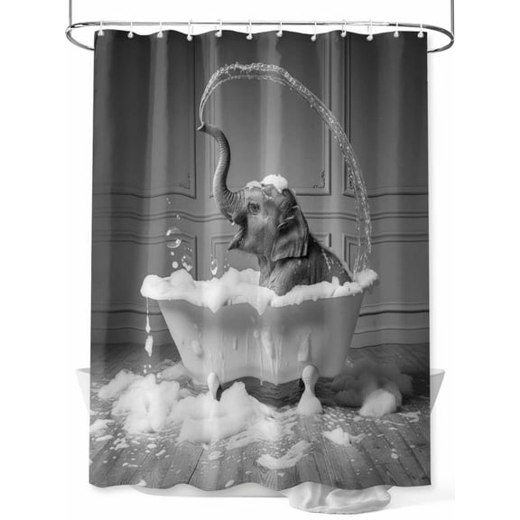 Elephant in Tub Shower Curtain Set ,Waterproof Fabric Shower Curtains Vintage Abstract Funny Black White Animal Bathing in Bathroom Shower Curtains for Bathroom,Bathroom Decor 54x"78"