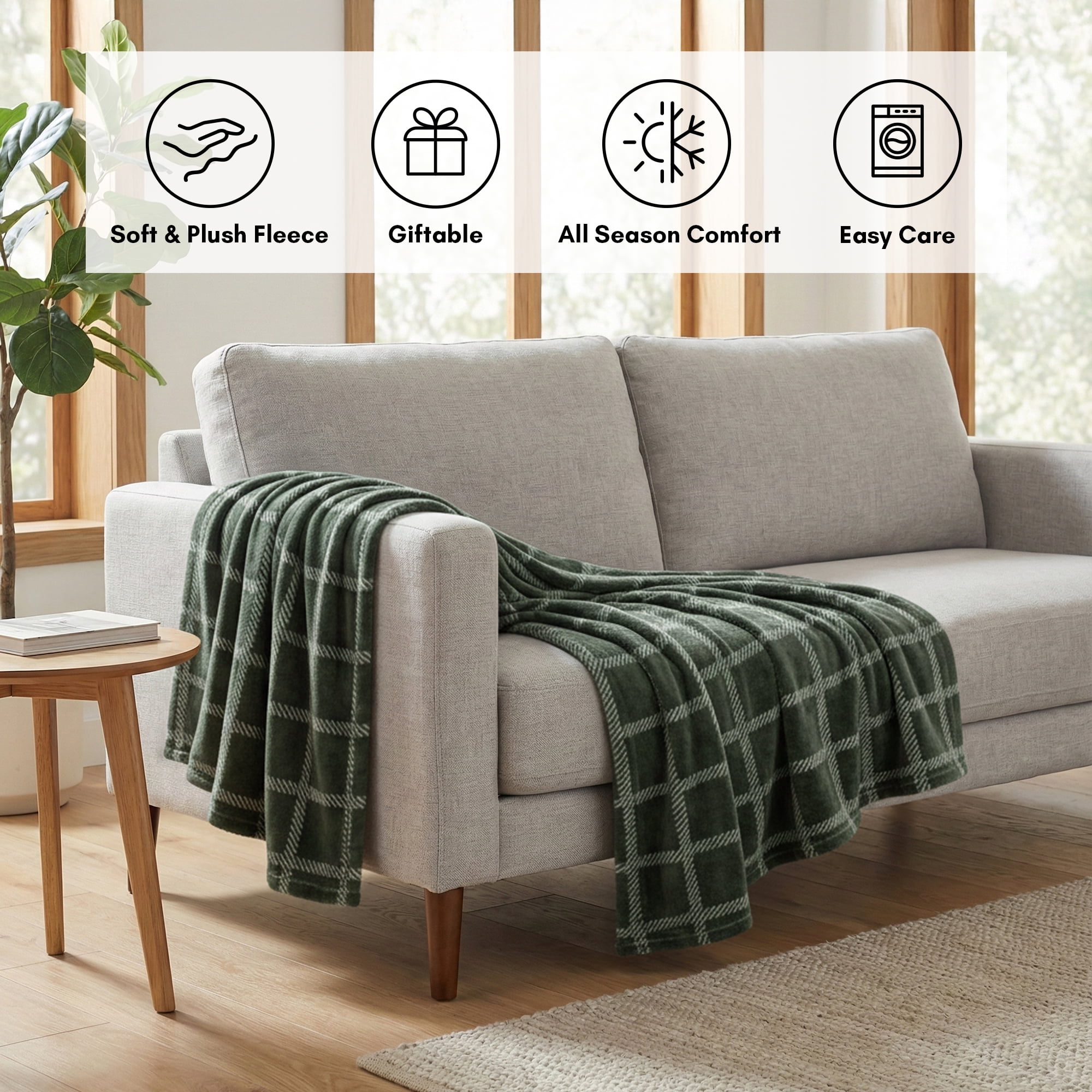 Fleece Throw Blanket - 50x60 Inch - Modern Dash Windowpane Design - Ultra Soft Warmth - Green