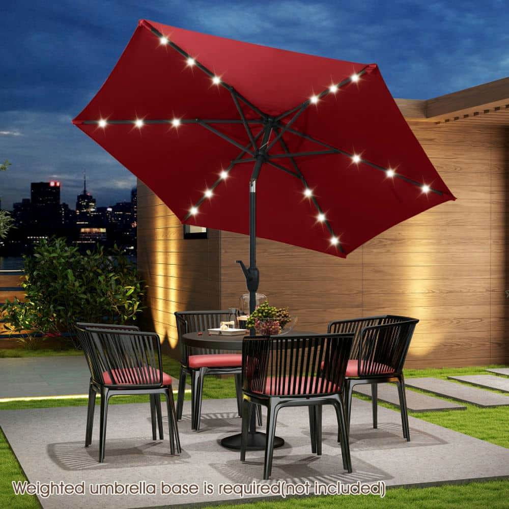 Spaco 7.5 Feet Solar Powered Patio Umbrella, Outdoor Shade with LED Lights and Crank Handle, Red