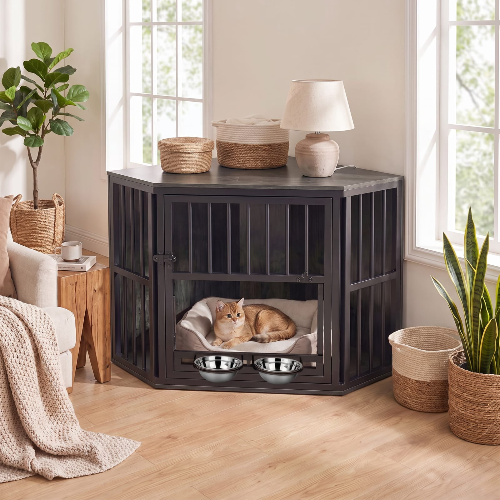 Vebreda Dog Crate Furniture, 35.5 inches Wooden Dog Kennel End Table with 3-Position Dog Bowl Rack, Space-Fit Corner Shape Design