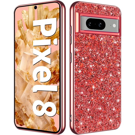 Glitter Case for Google Pixel 8 Phone Case for Women Girls, Slim Ultra Thin Matte Back Shockproof Protective Cover for Google Pixel 8 5G 6.2-inch Crystal Bling Case (Red)
