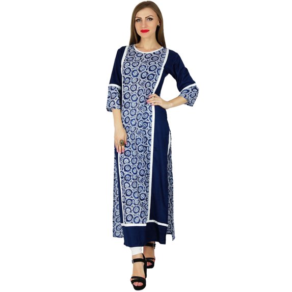 Bimba Women Blue Rayon Long Straight Kurta Pannel Kurti Formal Ethnic Blouse