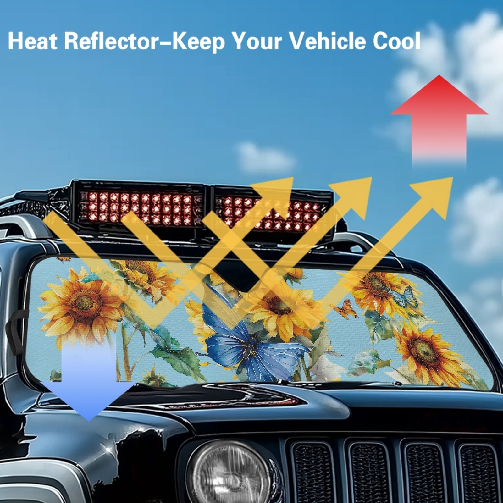 Jeiento Butterfly Sunflower Windshield Sun Shade Compatible with 2007-2024 Wrangler Rubicon Sahara TJ JK JKU 2 & 4 Door Car Sun Shade Sun Visor Protector Keep Your Vehicle Cool