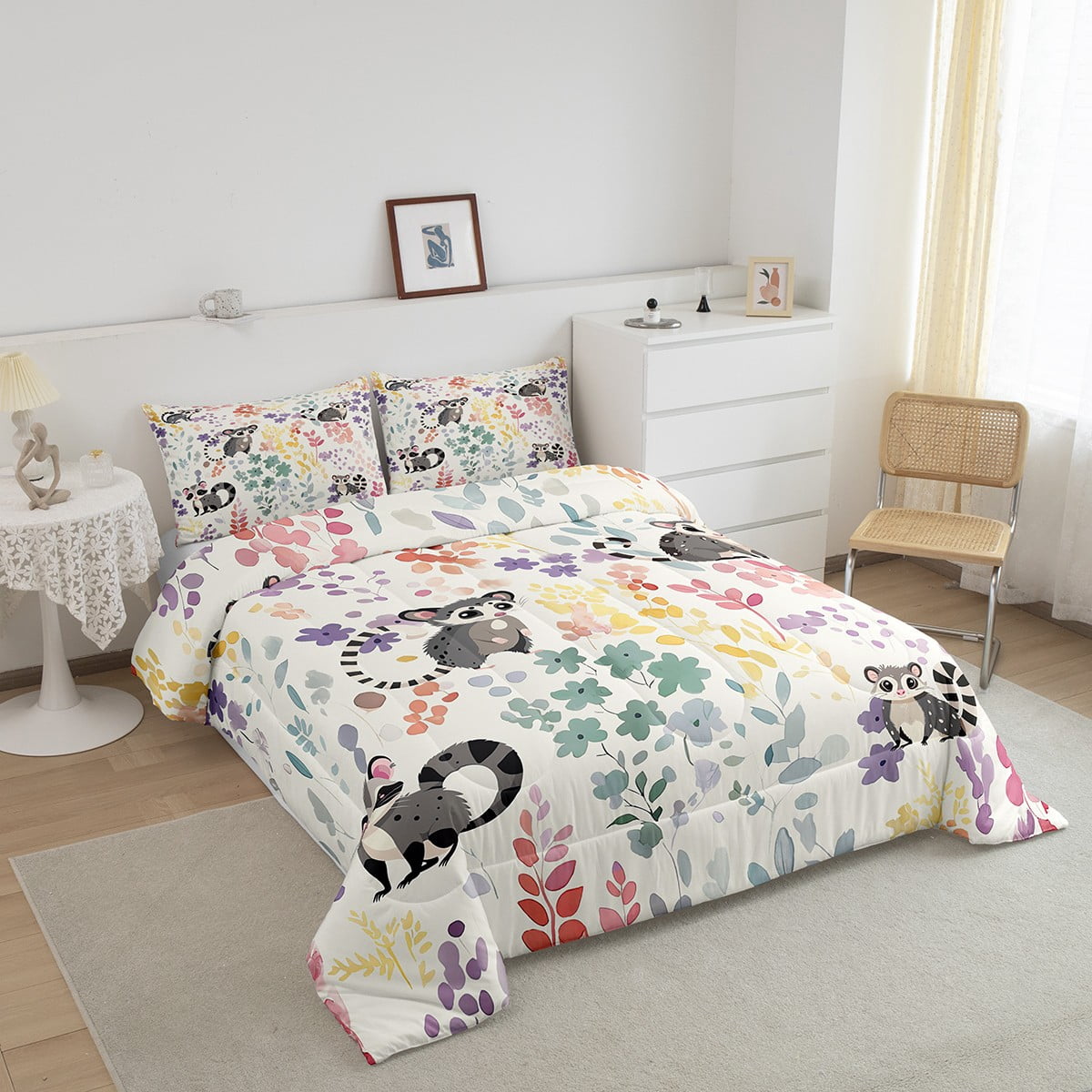 Kawaii Lemur Bedding Set Twin Size,Cartoon Lemur Floral Comforter&nbsp;Set for Kids Girls Boys,Cute Rainbow Flower Quilt Bed Set Animal Print Down Comforter with 1 Pillowcase