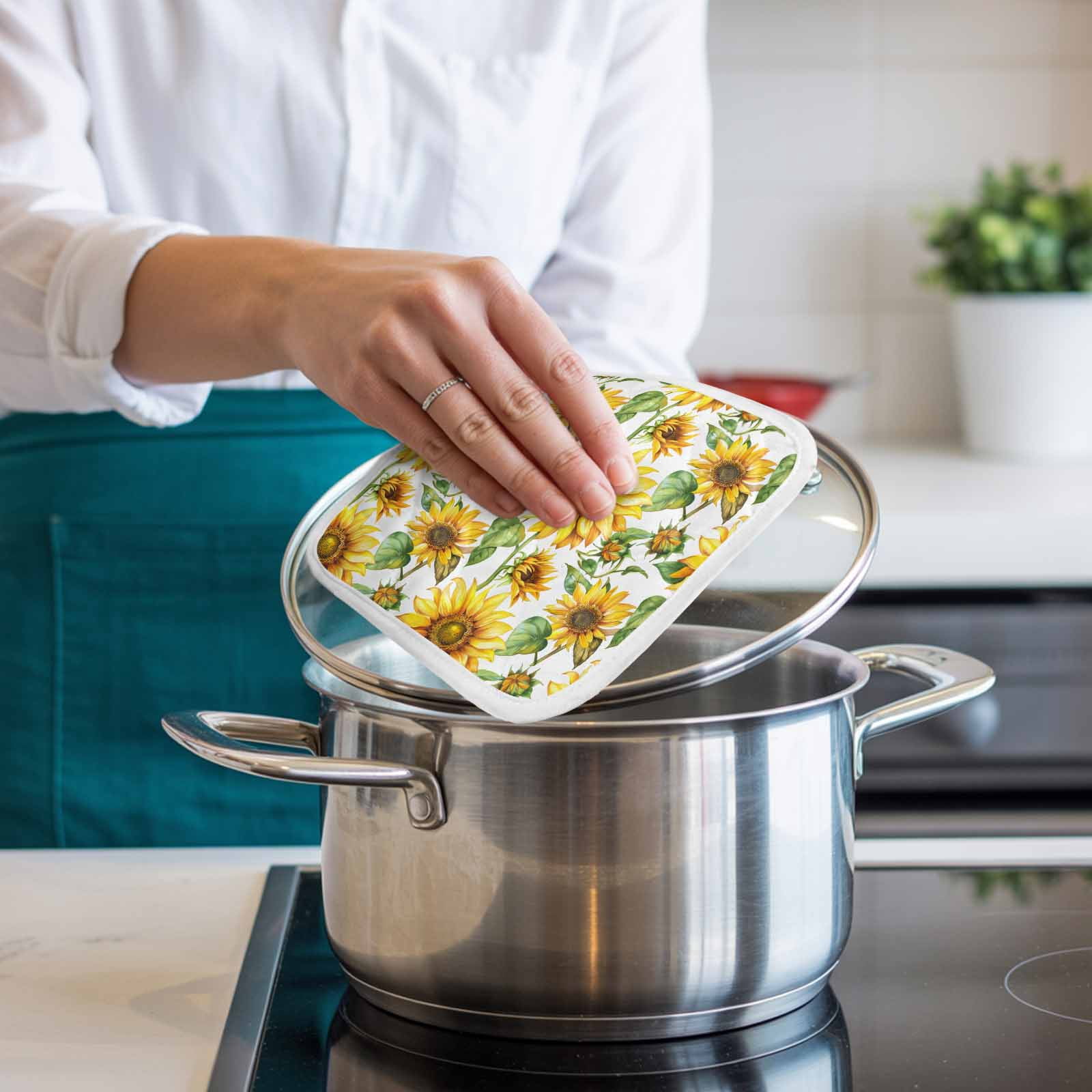Sunflower Pot Holders for Kitchen Heatproof Potholder, 3 Pack Yellow Green Botanical Summer Rustic Hot Pads Multipurpose Oven Pads Cloth Potholders Trivet for Cooking Baking