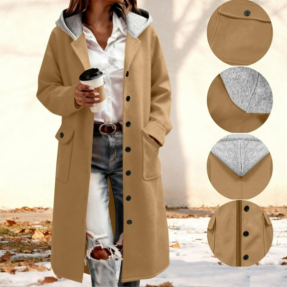 gbyLJF Women's Long Hoodie Jacket Solid Color Long Sleeve Woolen Hooded Cardigan Single Breasted Overcoat with Pockets