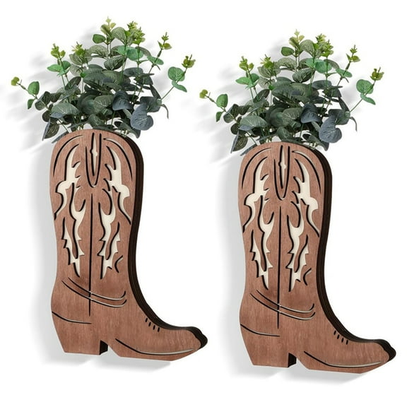 2PCS Wood Cowboy Boots Wall Flower Vase for Faux Greenery