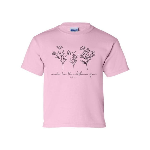Consider How The Wildflowers Grow Luke 12:27 Floral Youth Kids Christian T-shirt Graphic Tee Graphic Tee-Light Pink-small
