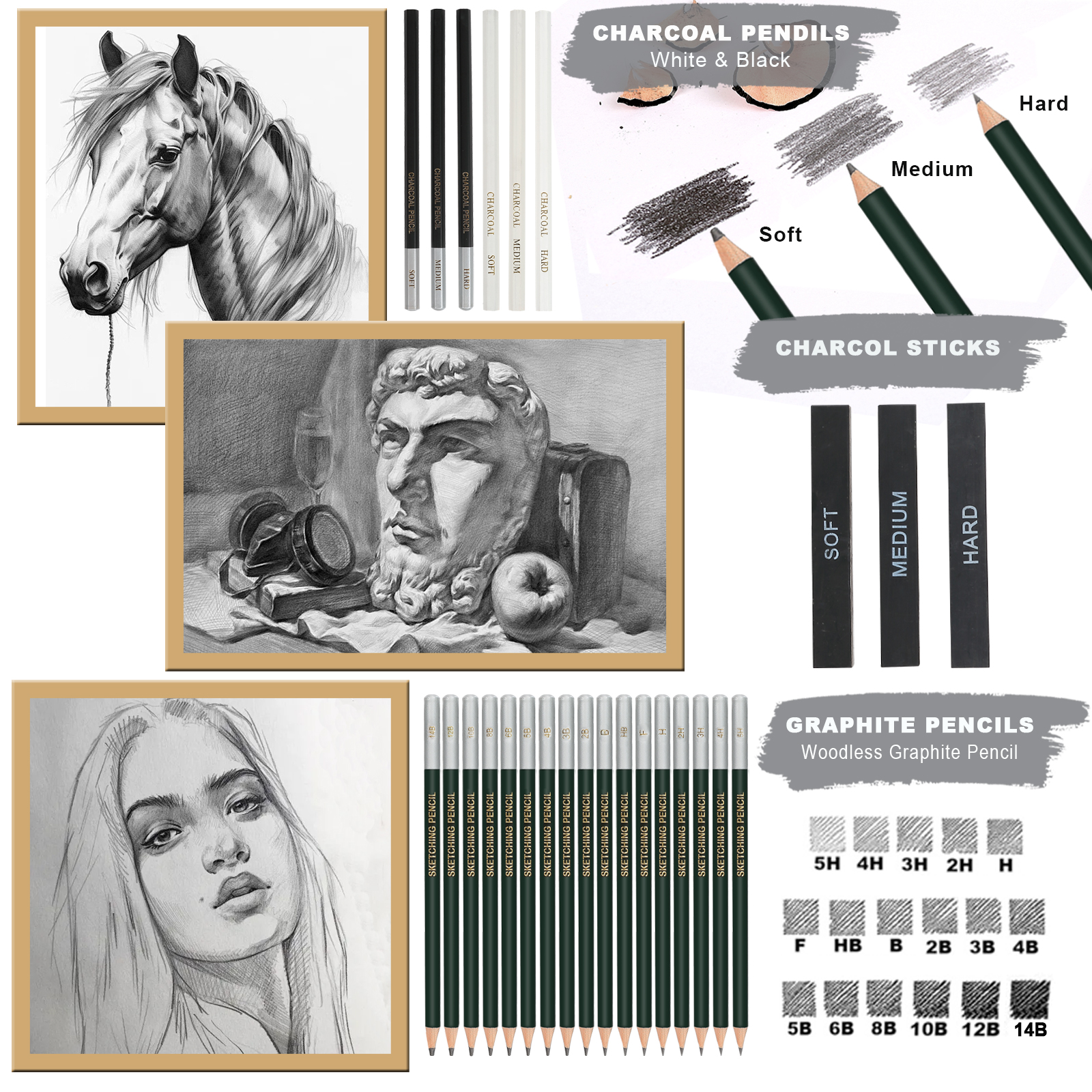 70 Pack Drawing Set Sketching Kit,  Sketch Pencils Art Supplies for Adults Artists Kids with Sketchbook,Graphite,Charcoal Pencils,Blending Tools