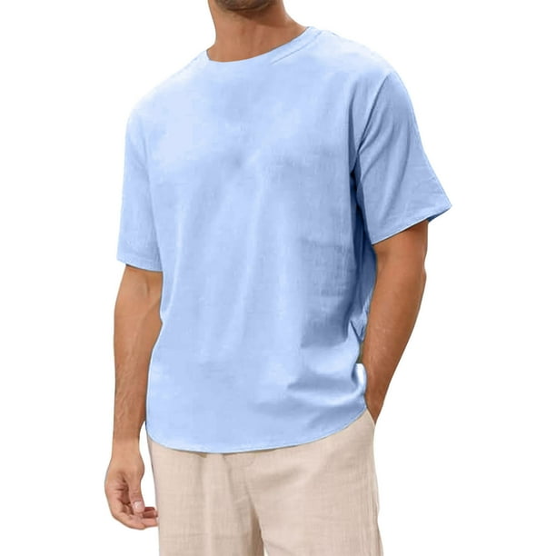 Camisa de manga corta de lino de color liso para hombre: camiseta vintage de cuello redondo para la playa