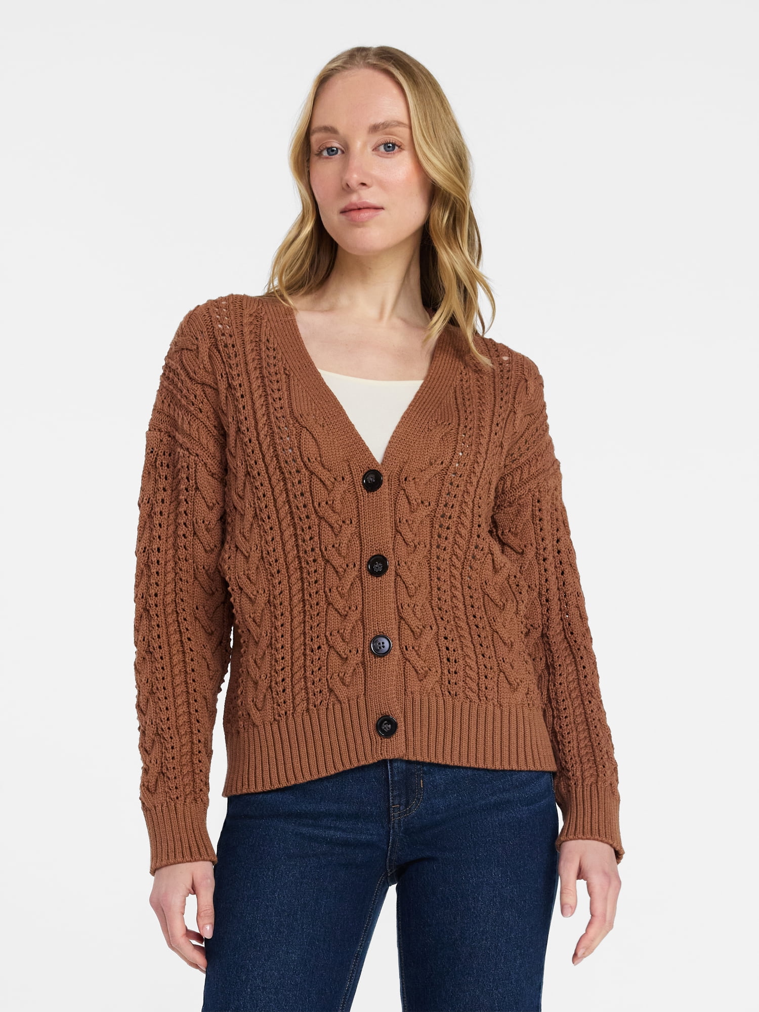 Time and Tru Women's Cable Knit Cardigan Sweater with Long Sleeves, Lightweight, Sizes XS-XXXL