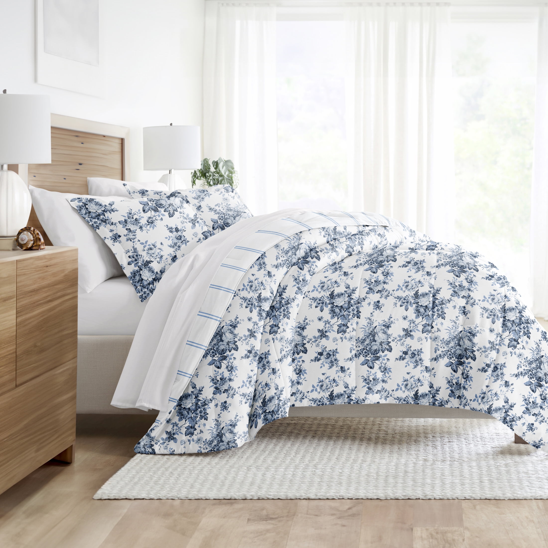 Noble Linens Down Alternative Cabbage Rose Stripe Stone Reversible Comforter Set