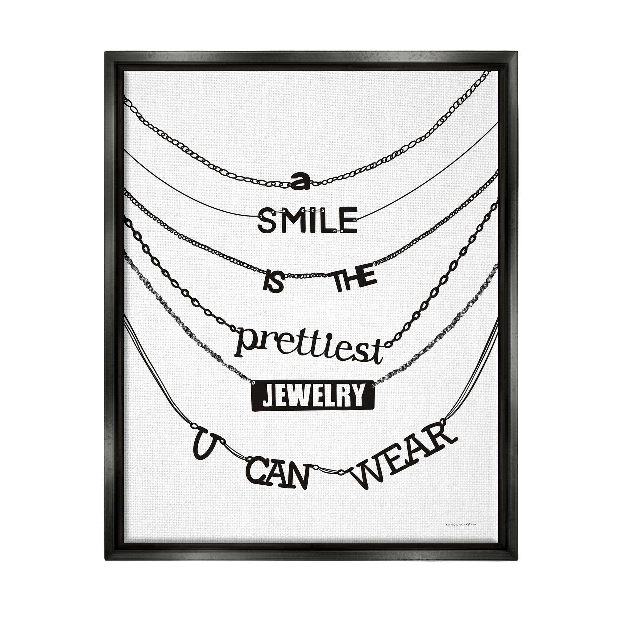Stupell Industries Smile Glam Quote Chic Necklace Varied Text Design Graphic Art Metallic Gold Floating Framed Canvas Print Wall Art, Design by Kamdon Kreations