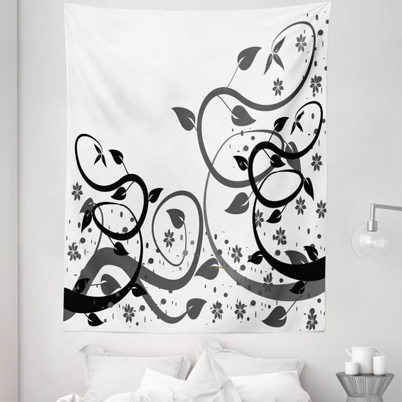 Vines Tapestry, Grey Tones Abstract Branches Grape Leaves Flowers Illustration, Fabric Wall Hanging Decor for Bedroom Living Room Dorm, 5 Sizes, Dimgray Charcoal Grey, by Ambesonne