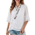 thumbnail image 4 of Mujeres manga corta de verano Tops imitación bordado V-cuello hebilla cinco cuartos de manga blusa, primavera en verano casual moda superior, 4 of 9