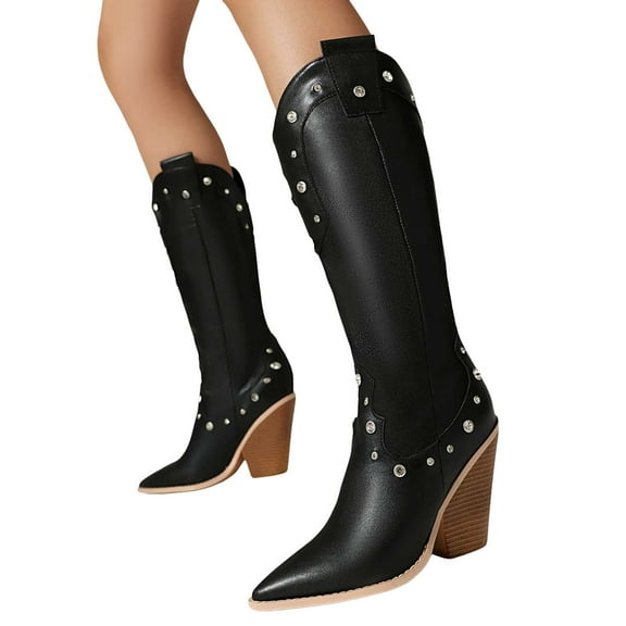 Studded Wide Mid Calf Cowgirl Boots for Women 2025 Winter Fall Goth Leather Pointed Toe Chunky High Heel Cowboy Boots Western Tall Riding Boots