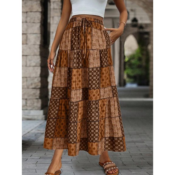 Coffee Brown Patchwork Print Drawstring Waist Tiered Maxi Skirt With Ruffle Hem