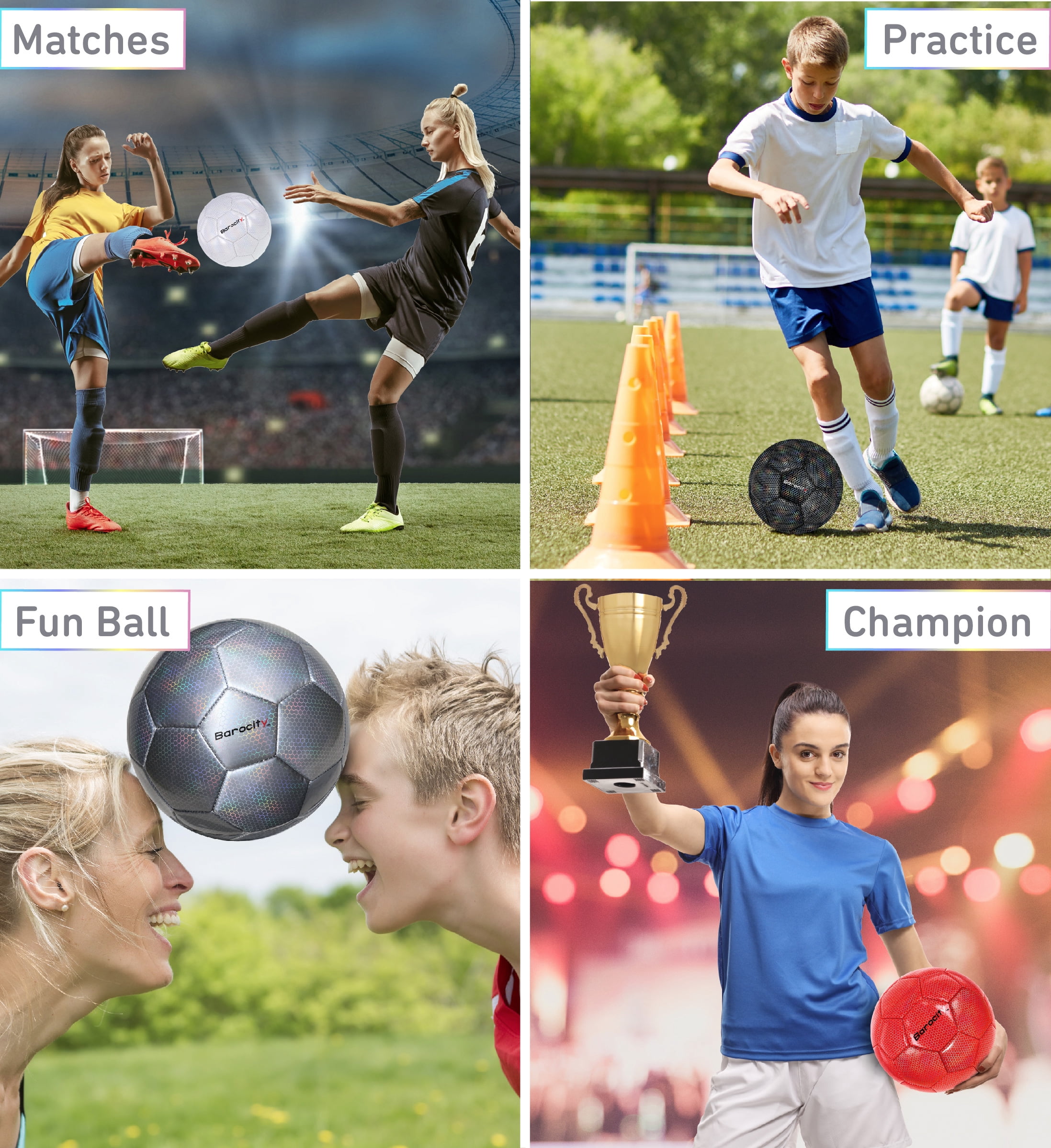 Barocity Iridescent Soccer Balls Set of 4 – Black, Silver, White, and Red Official Match Ball with Reflective Hex Pattern, Sport Soccer Balls for Indoor Outdoor Training and Practice Games - Size 4