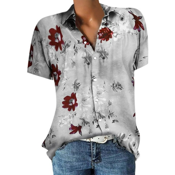 Yxnmud Summer For Women, Women's Short Sleeve Lapel Neck Tops With Button Flower Print Tops